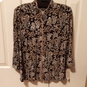 Alex Evenings Black Jacket with Silver and Gold Paisley Sequins